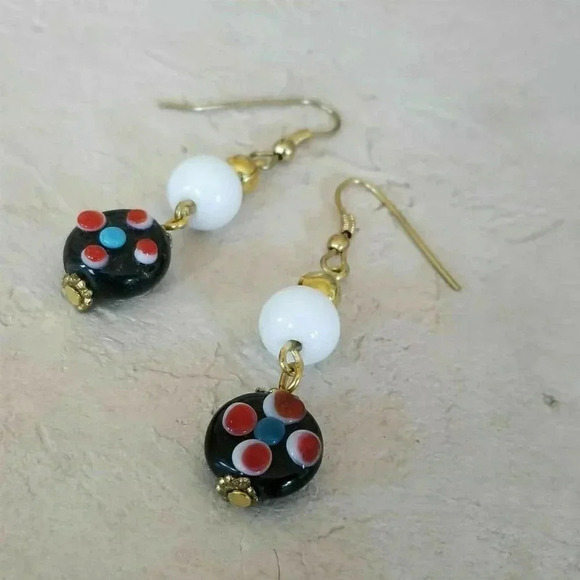 Handmade India Lampwork Glass Black White Red Raw Brass 2" Long Dangle Earrings - Picture 2 of 4